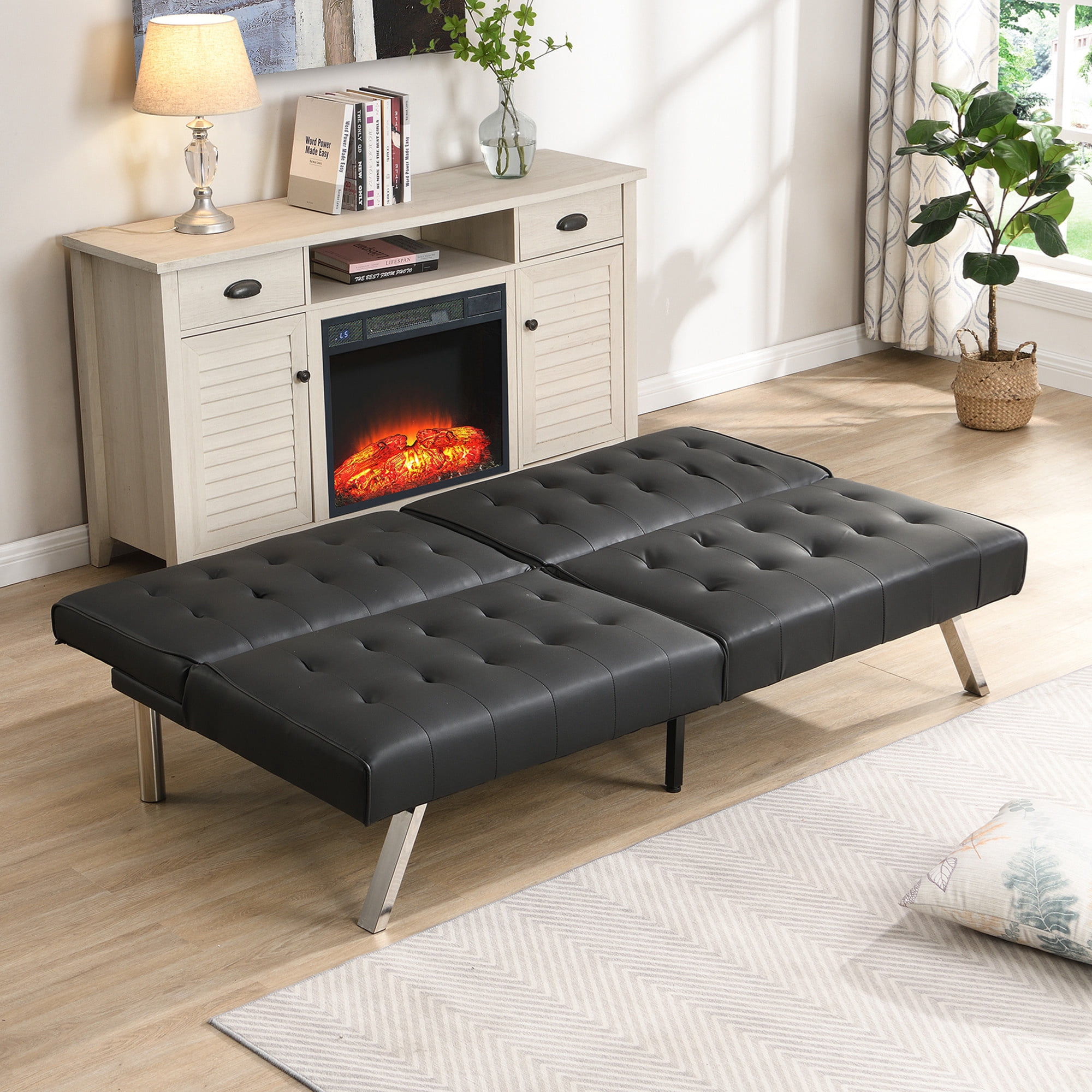 Aukfa 67" Tufted Futon Convertible Sofa Bed Separate Back Chaise Couch for Home Office, Leather, Black
