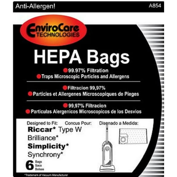 Riccar Brilliance & Simplicity Synchrony Upright Anti-Allergen Hepa Type W Bags 6 Pk Part - 854