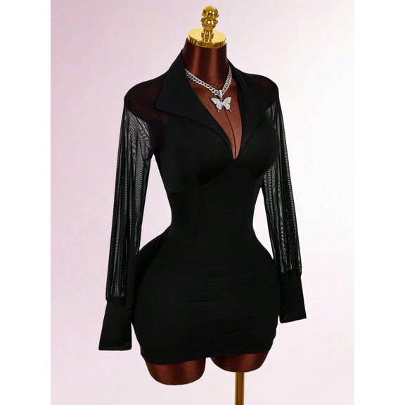 Women Black V-Neck Mesh Sleeve Bodycon Mini Dress