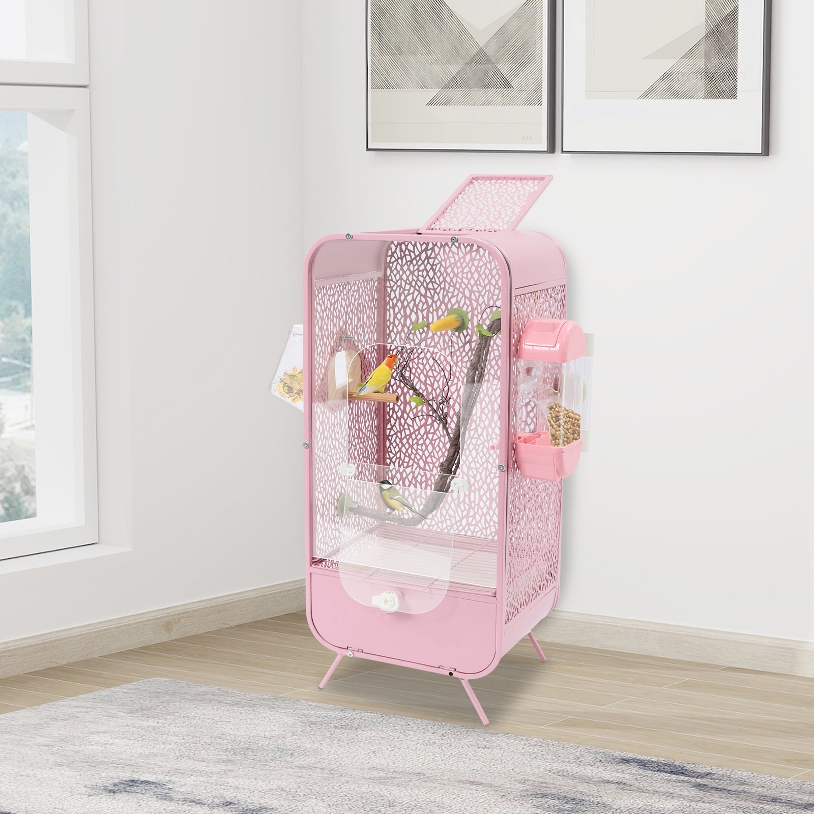 Pink Indoor Outdoor Wrought Iron Bird Cage With Clear Door, Simulated Tree Scenery