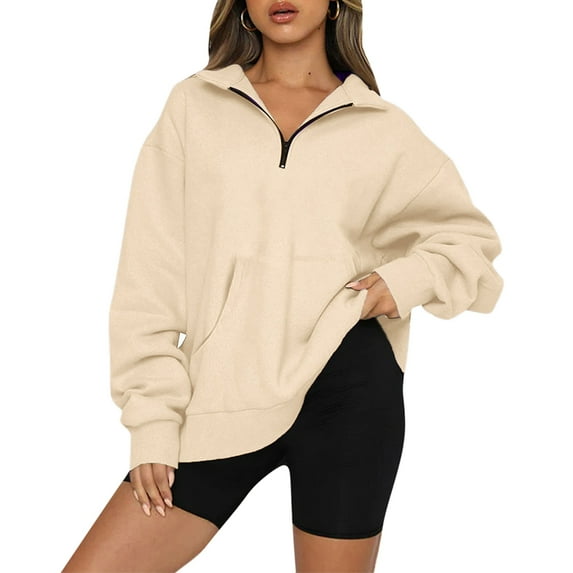 Baywell Women's Oversized Half Zip Sweatshirt Quarter 1/4 Zipper Long Sleeve Drop Shoulder Pocket Pullover Jacket Tops Beige S-3XL