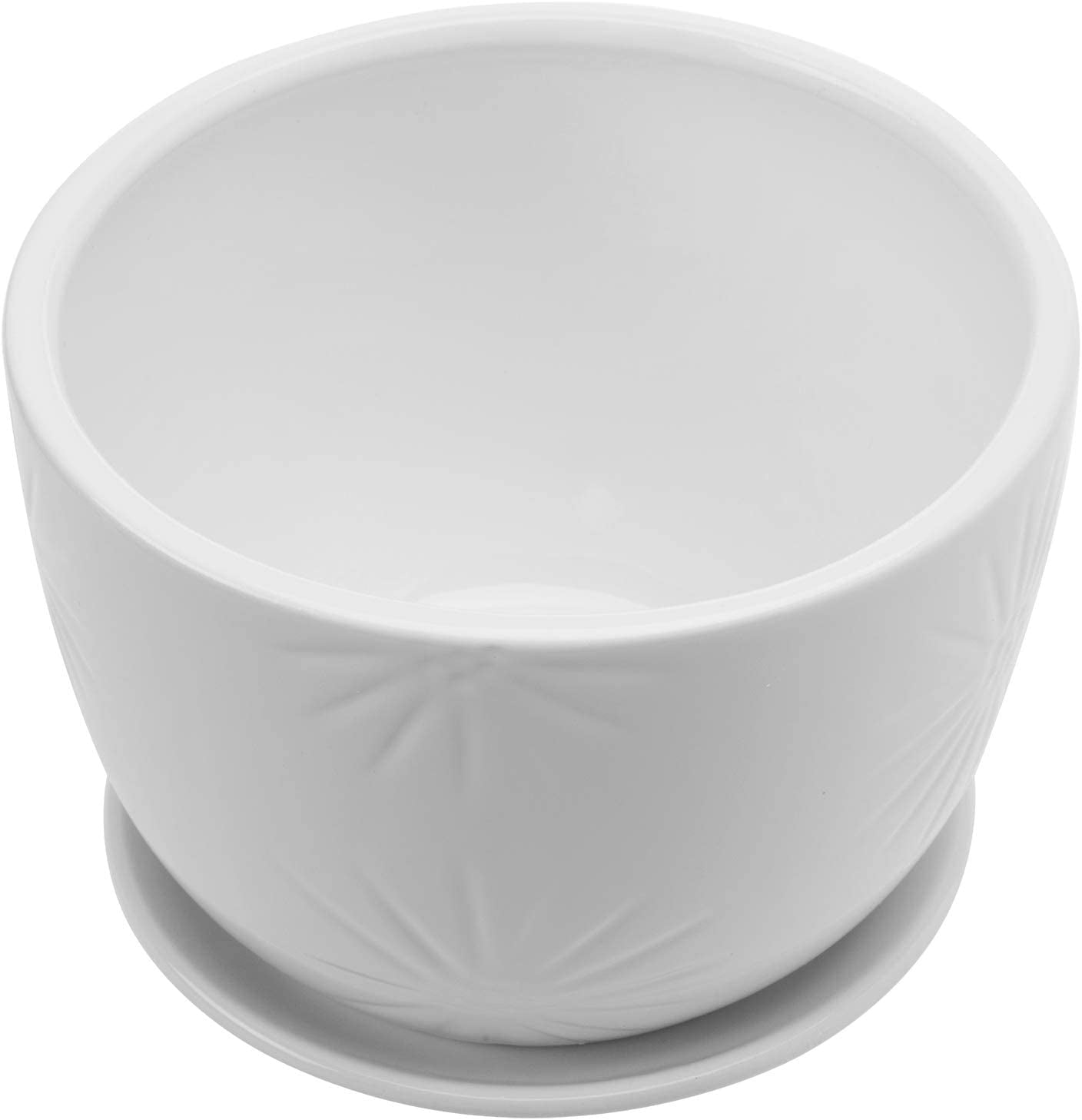 MyGift 7 Inch Round Flower Pot with Attached Saucer, White Ceramic