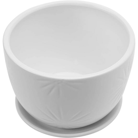 MyGift 7 Inch Round Flower Pot with Attached Saucer, White Ceramic