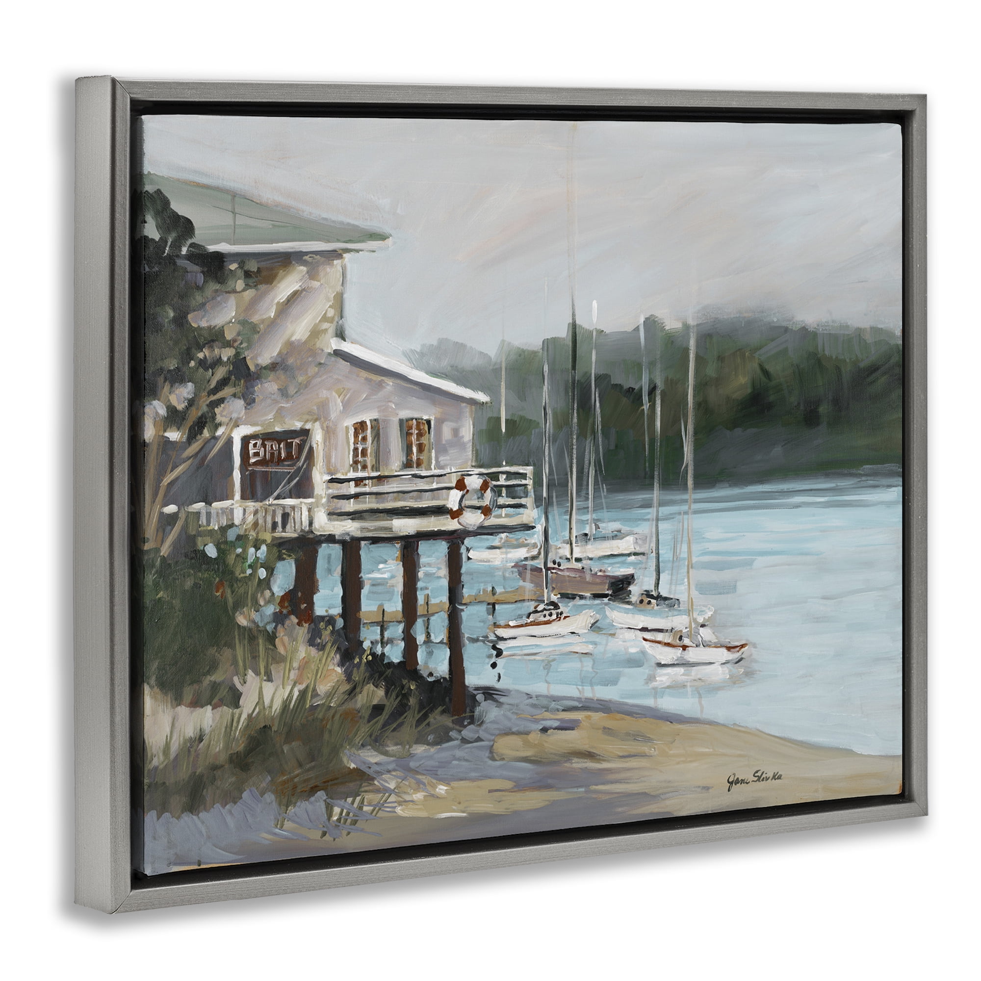 Stupell Industries Boat Marina Harbor Coastal Painting Gray Floater Framed Canvas Art Print Wall Art, 21 x 17