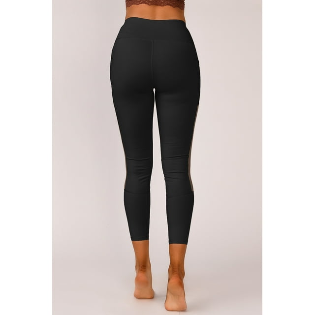 ABPHQTO Leggings deportivos de yoga de cintura alta con empalme lateral de malla negra para mujer con bolsillo para teléfono
