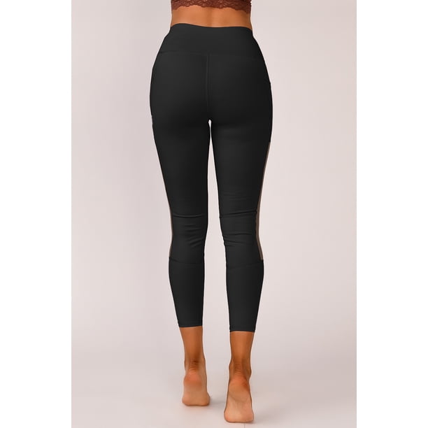 ABPHQTO Leggings deportivos de yoga de cintura alta con empalme lateral de malla negra para mujer con bolsillo para teléfono