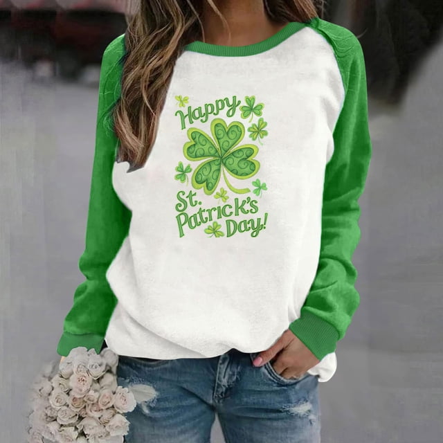 Chemises pour Femmes Décontractées à Manches Longues, Col Rond, Hauts Amples, Blouse Imprimée, Chandail en Molleton Graphique, Chemises pour la Saint-Patrick pour Femmes