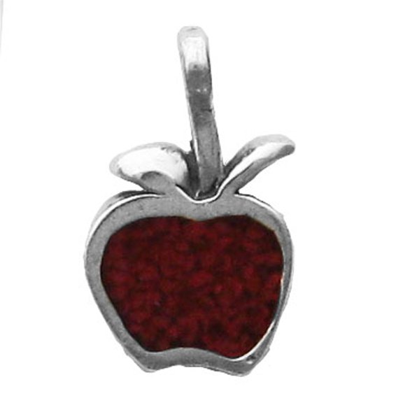 Sterling Silver 16" .8mm Box Chain Mini Red Stone Inlay Apple Pendant Necklace