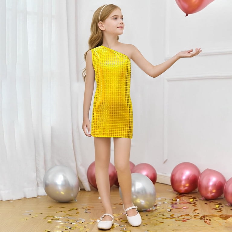 4t sequin dress WELOIJEVBE Girls Fashion Square Sequin Print Sleeveless Dress with Round Neck Asymmetric Party Wear Casual Summer Outfit 4t Dresses for Girls Long