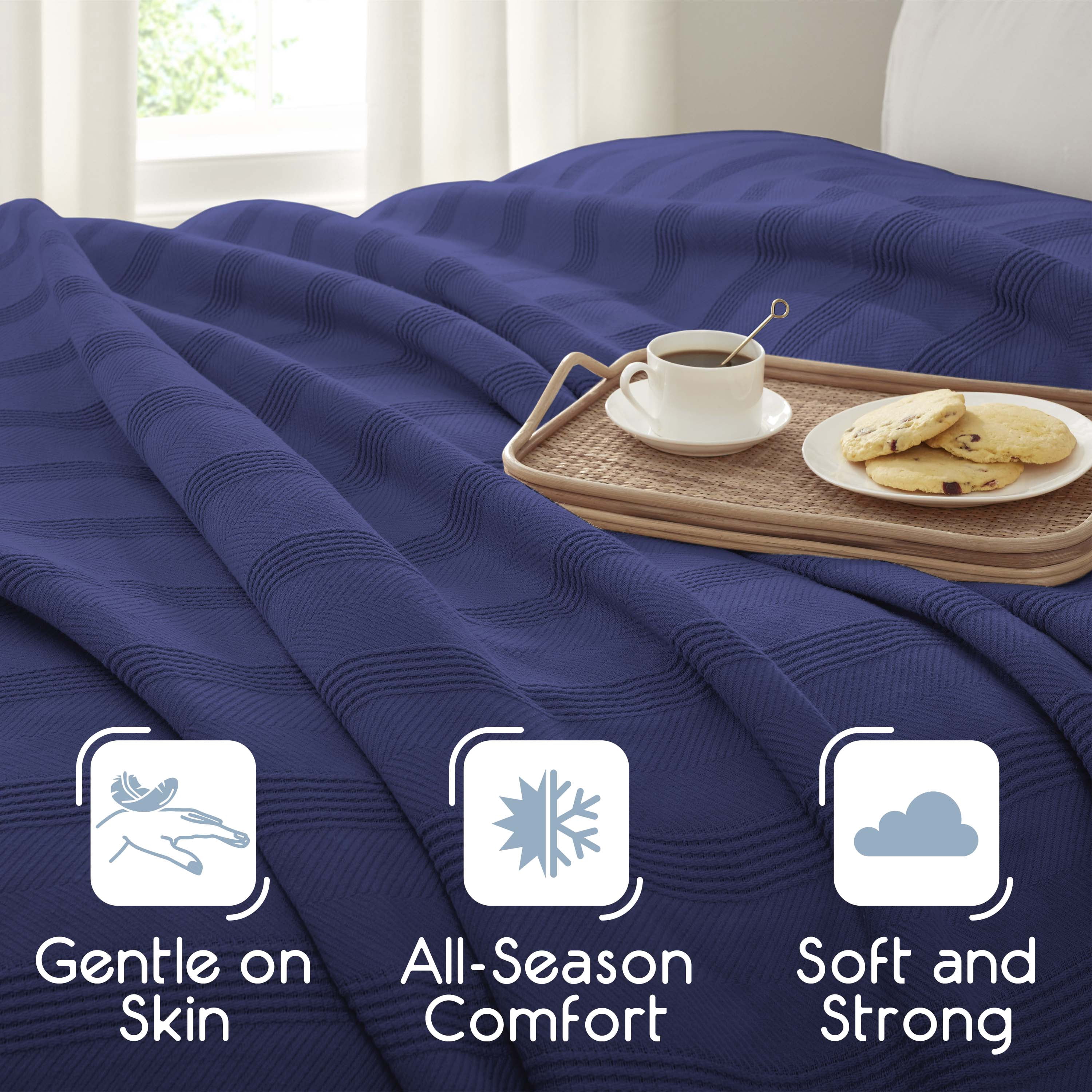 Lightweight Breathable 100% Cotton Knit Blanket – All-Season Bed Blanket – King Size – Navy