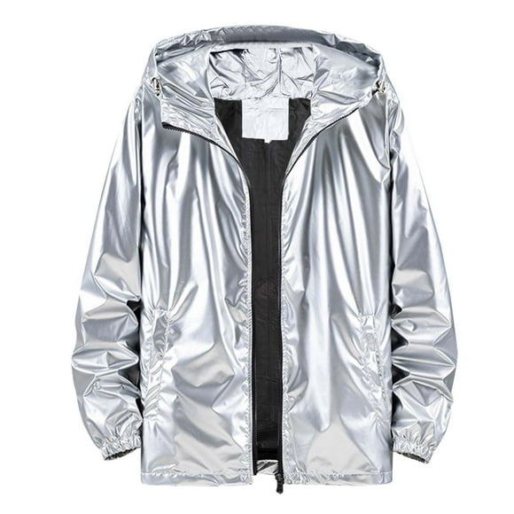 Kwasome Coats For Mens Fashionable Bright Face Pocket Cardigan Zipper Thin Coat Jacket Silver Outdoor Jacket L