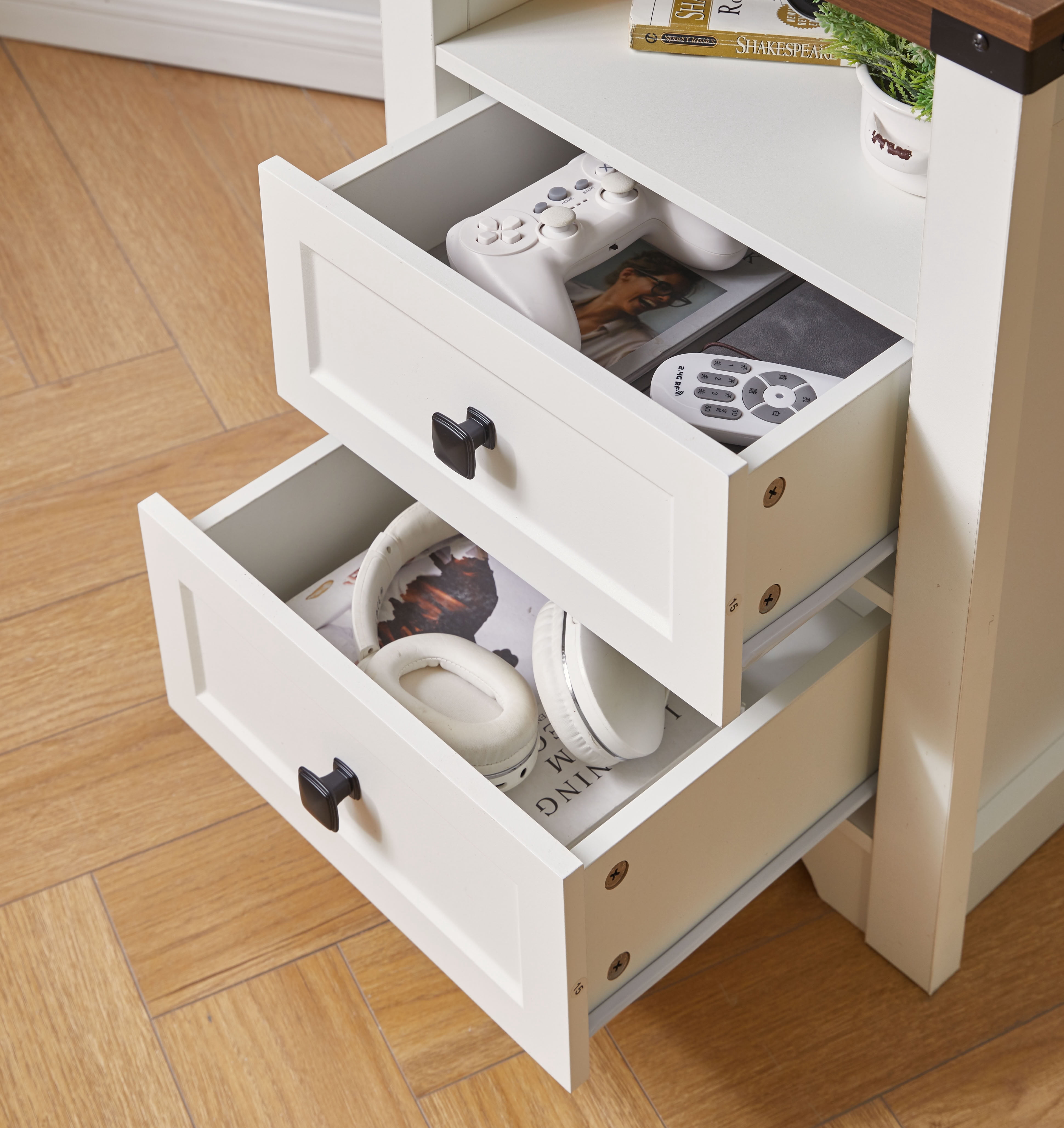 MAYEERTY Farmhouse Nightstand with Charging Station, 2 Drawers & Open Shelf, Wood Bedside End Table with USB Ports & AC Outlets for Bedroom Living Room Small Spaces