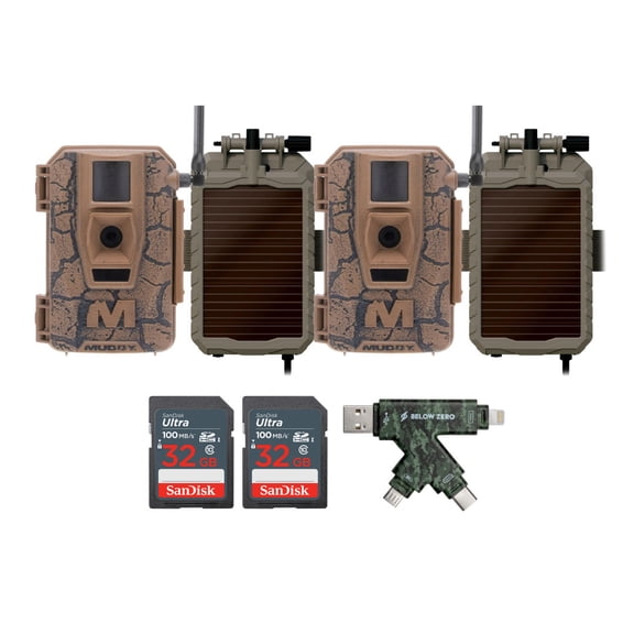 Muddy Mitigator Cellular 24MP Imaging Trail Camera (2-Pack) Bundle with 2x 5000mAh Lithium-Ion Solar Battery, 2x 32GB Memory Card, and Card Reader (7 Items)