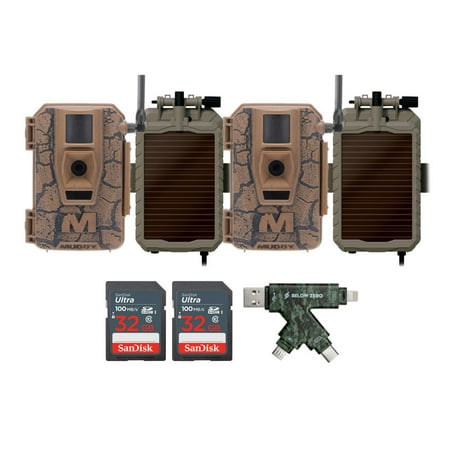 Muddy Mitigator Cellular 24MP Imaging Trail Camera (2-Pack) Bundle with 2x 5000mAh Lithium-Ion Solar Battery 2x 32GB Memory Card and Card Reader (7 Items)