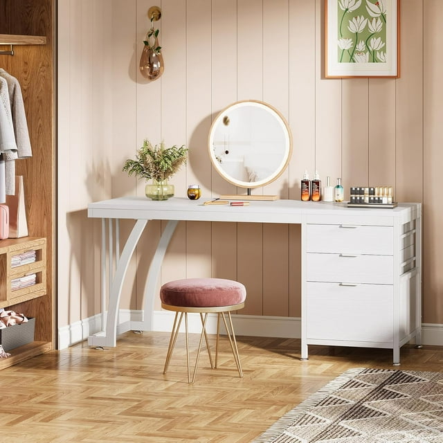 Tribesigns 59-Inch Vanity Desk with 3 Reversible Drawers, Large White Makeup Dressing Table with Metal Frame for Women and Girls, Only Desk