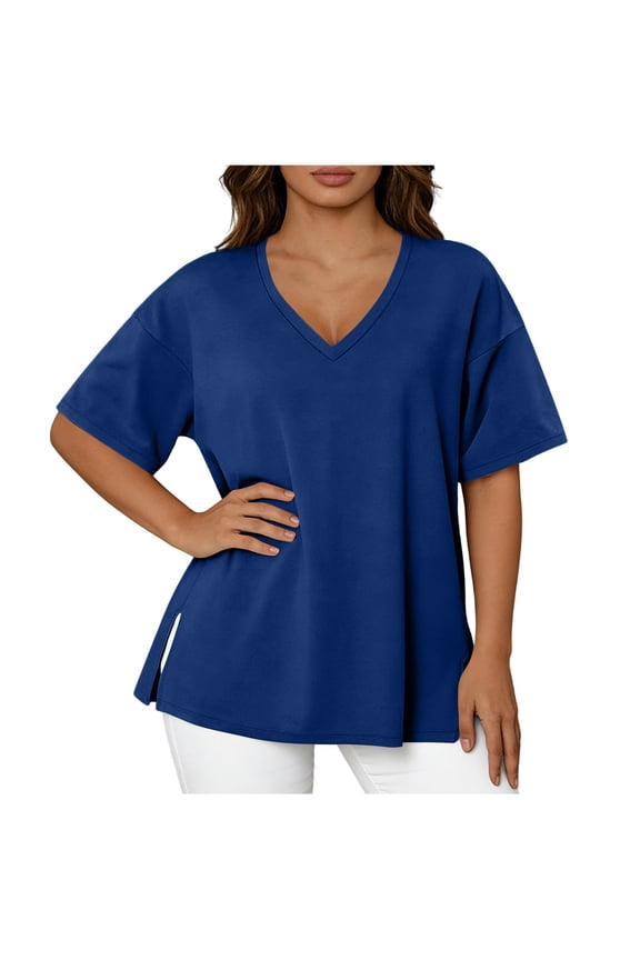 Plus Size T-shirts for Women Loose Fit V Neck Side Split Shirts Comfy Short Sleeve Plain Blouse Tee 2026 Spring Fashion Top Blue XXL