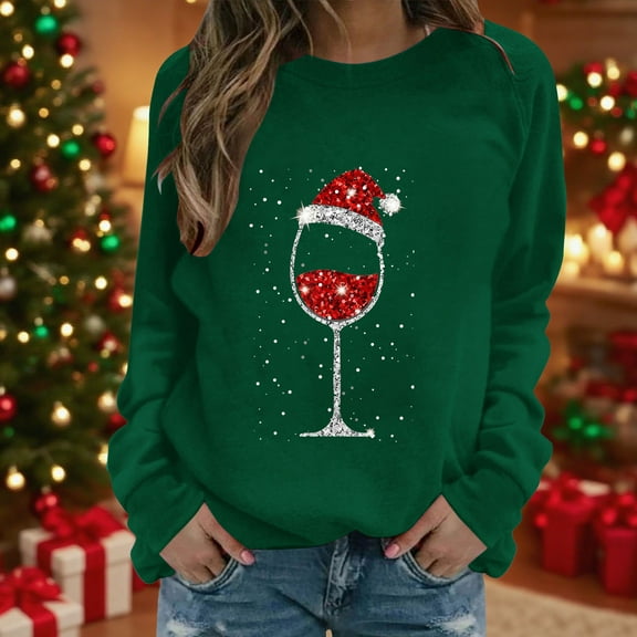Uoodti Womens Long Sleeve Plus Size Gift Crewneck Sweatshirts Ugly Christmas Sweater Women Funny Red Wine Glass Shirts Pullover