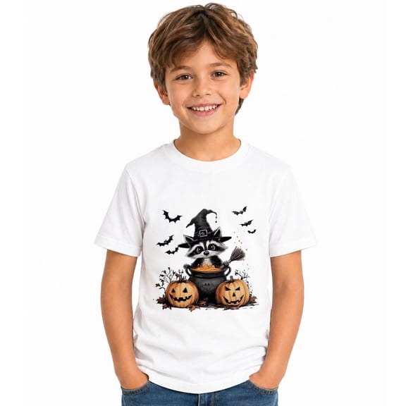 Boys Witch Hat Pumpkins and Bats Halloween T-Shirt, Spooky Graphic Short Sleeve Shirt for Fall and Seasonal Wear