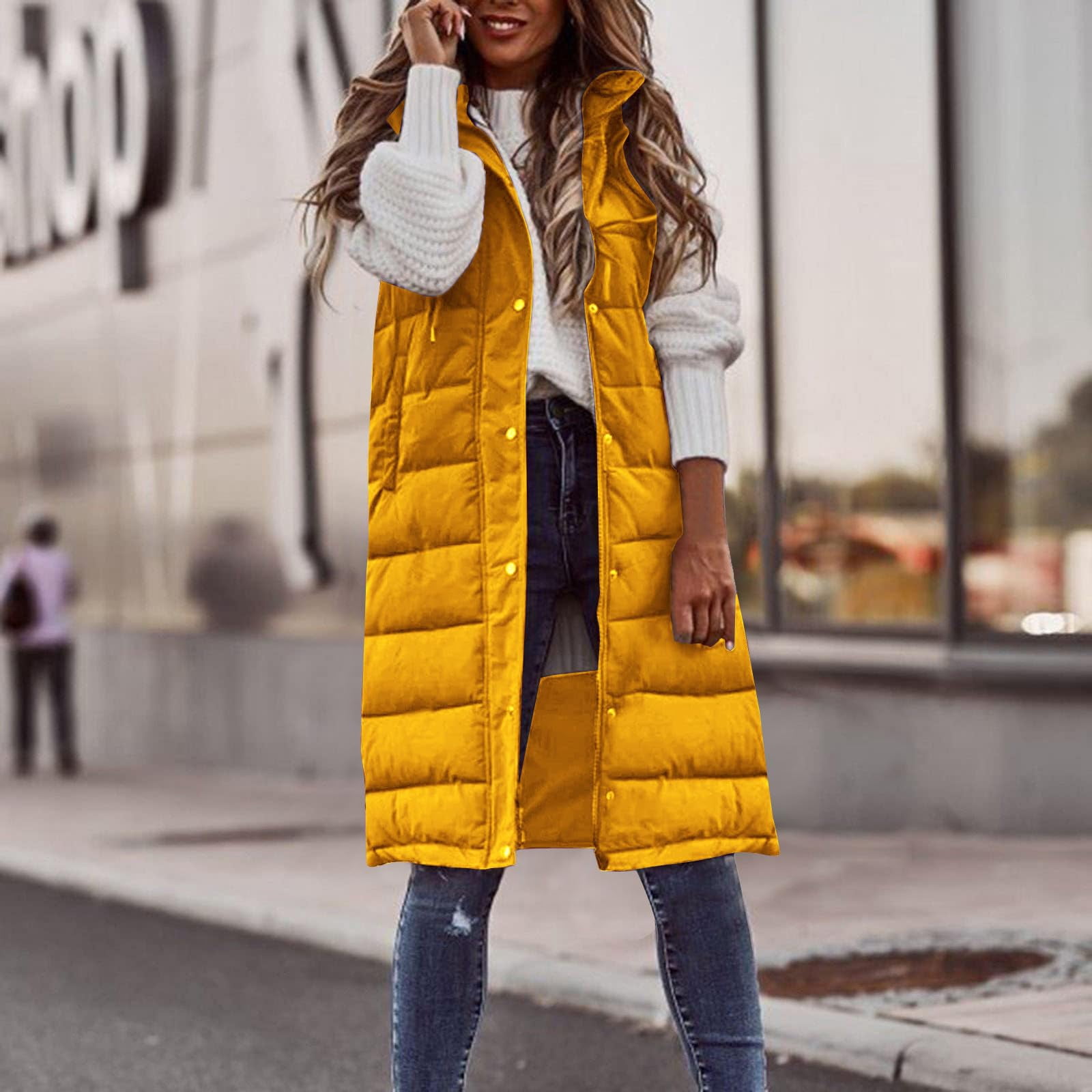 Womens Puffer Vest Sleeveless Hooded Long Quilted Vests Zip Up Lightweight Puffy Winter Jackets Gilet with Pockets