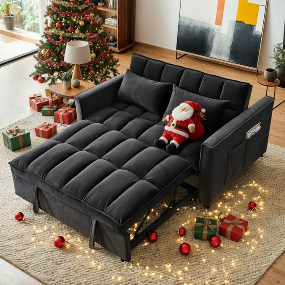 Yardi Yarda 54 Inch Adjustable Backrest Sofa, Sofa Bed, Futon Sofa with Double Armrest and Pouch, Variable Bed for Living room, Bedroom, Black