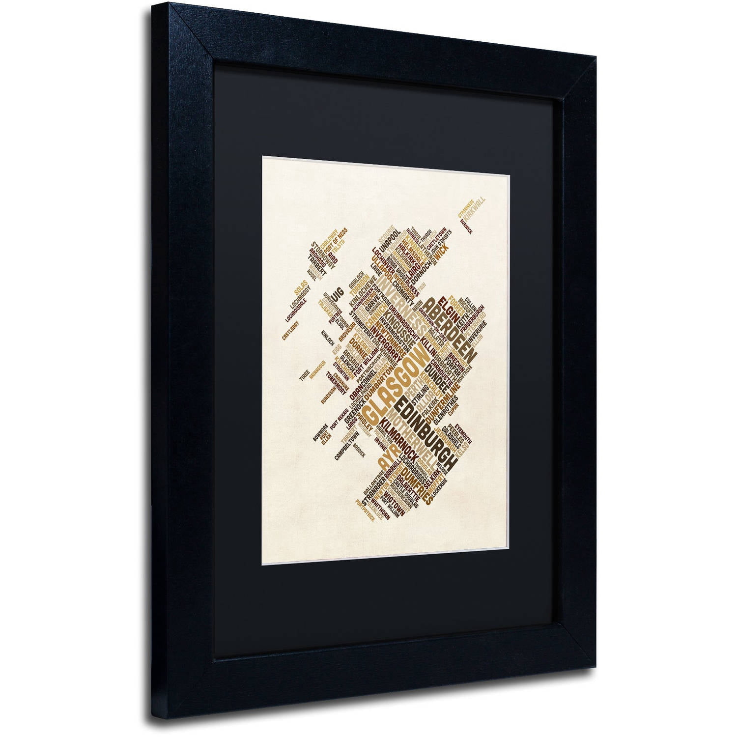 Trademark Fine Art "Scotland Typography Text Map 6" Canvas Art by Michael Tompsett, Black Matte, Black Frame