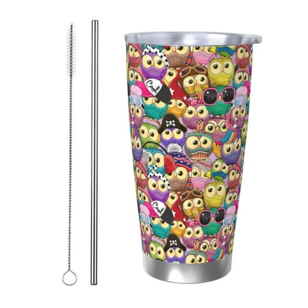 

Ocsxa Cute Cartoon Owls Pattern 20oz Travel Coffee Mug with Flip Lid Stainless Steel Insulated Insulated Coffee Mug Thermal Cup with Splash Proof Sliding Lid-Straw Two-piece Set