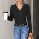 thumbnail image 3 of Tops de punto con cuello en V para mujer Otoño Invierno Clásico Casual Color puro Manga larga Tops de punto acanalado para fiesta Trabajo Salida Negro L, 3 of 6