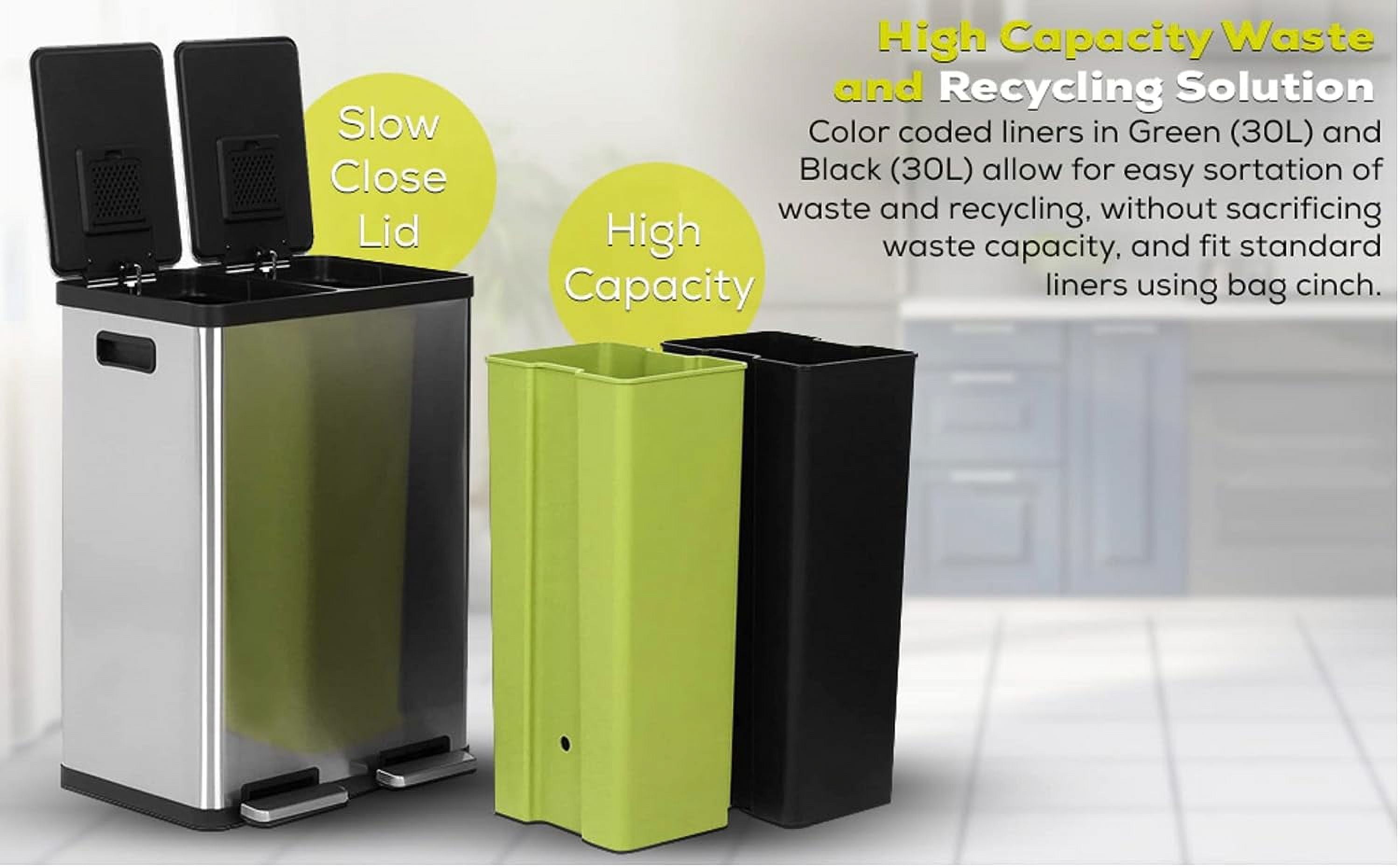 Simpli-Magic Dual Compartment Trash Can with Separate Foot Pedals Rectangular Stainless Steel Trash Bin, 60 L