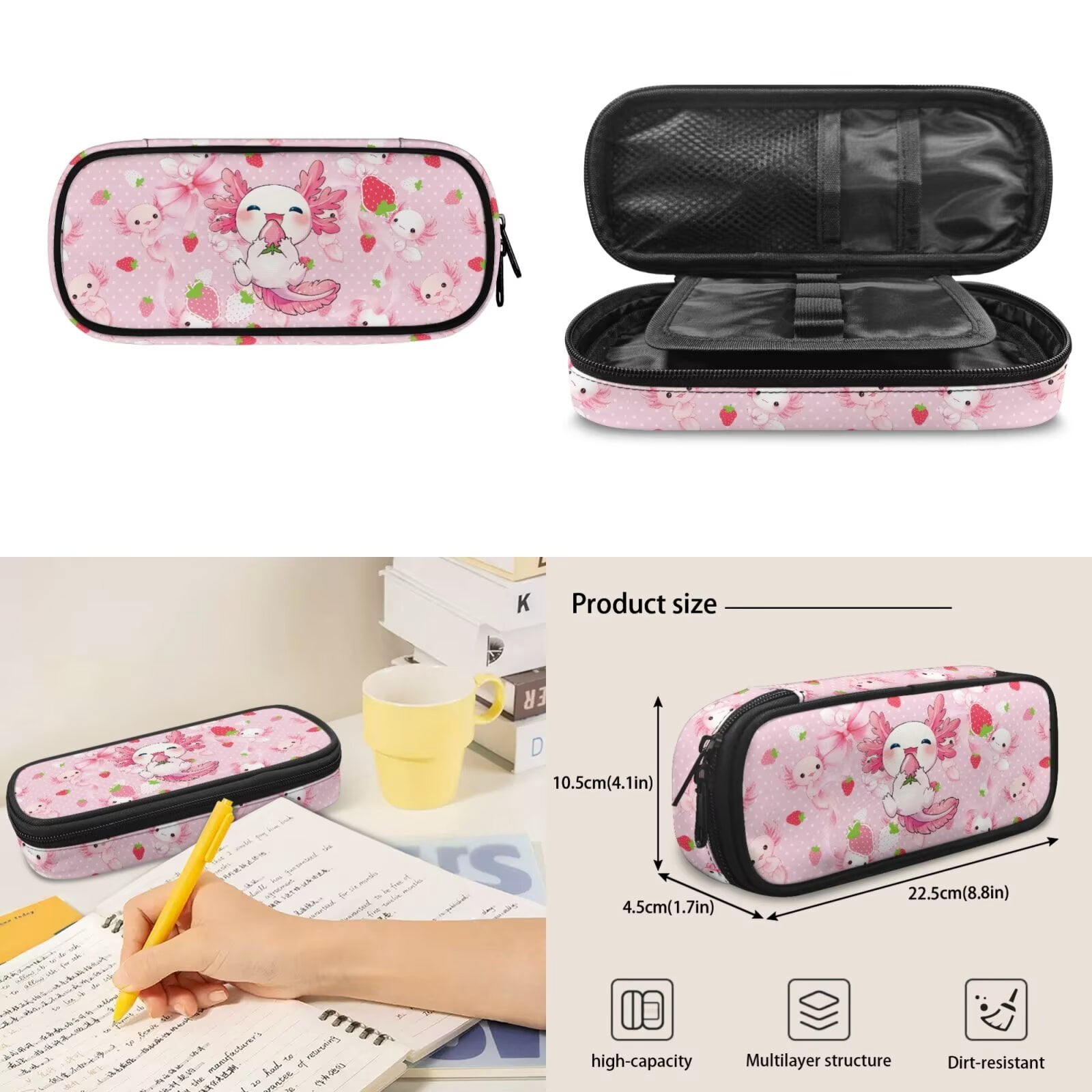 Pzuqiu Strawberry Axolotl School Backpack Set for Girls 8-12 4PCS Sports Bookbag Back Pack Lunch Bag with Pencil Box Water Bottle Holder 17 Inch Daypack Camping Bags for Teens