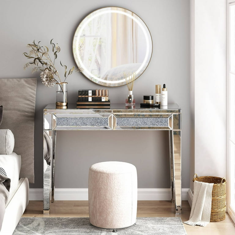silver glitter dressing table Mirrored Vanity Dresser with Drawers for Bedroom, Silver Make Up Table Inlay with Crushed Crystals