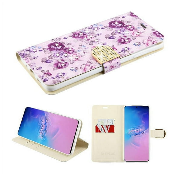 Samsung Galaxy S20 ULTRA (6.9") Wallet Case Fashion Crystal Shiny Gemstone Bling Rhinestone Shockproof Silicone TPU Flip Wallet with Card Holder ID Slots [Purple Flowers] for Samsung Galaxy S20 Ultra