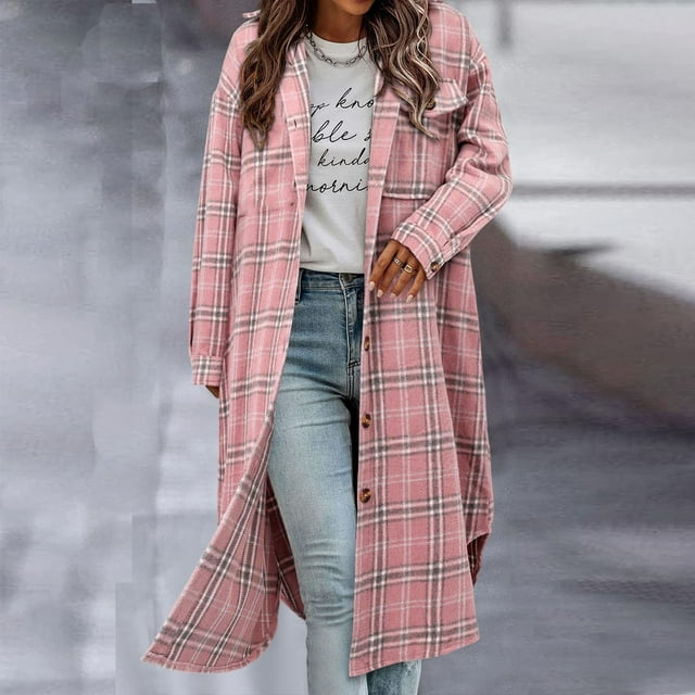 Plaid Jacket for Women Long Fall Flannel Shacket Oversized Button Long Shirt Jacket XXL