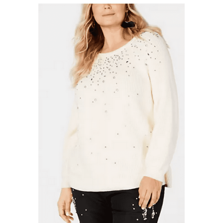 I.N.C. Plus Size Rhinestone-Embellished Sweater: 1X/Ivory