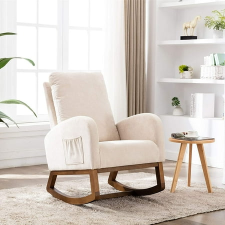 Upholstered Rocking Chair  Modern Solid Rubber Wood Base Accent Lounge Rocking Chair with Large Pocket  Comfy Armrest and Thicked High Backrest  Nursery Rocker for Home and Ofiice  Cream