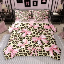 Manfei Watercolor Bowknot Teens 7-Piece Twin Bedding Sets, Fashion Leopard Cheetah Print Bedding Comforter Set, Buffalo Ribbon Reversible Sheet Sets, Lightweight Room Decor