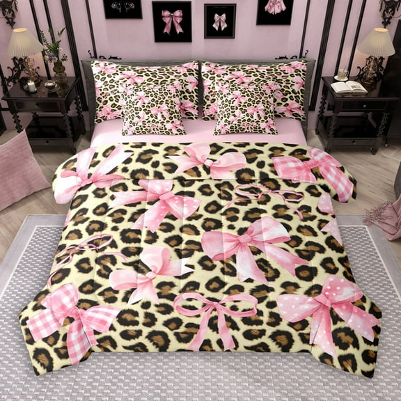 Manfei Watercolor Bowknot Teens 7-Piece Twin Bedding Sets, Fashion Leopard Cheetah Print Bedding Comforter Set, Buffalo Ribbon Reversible Sheet Sets, Lightweight Room Decor