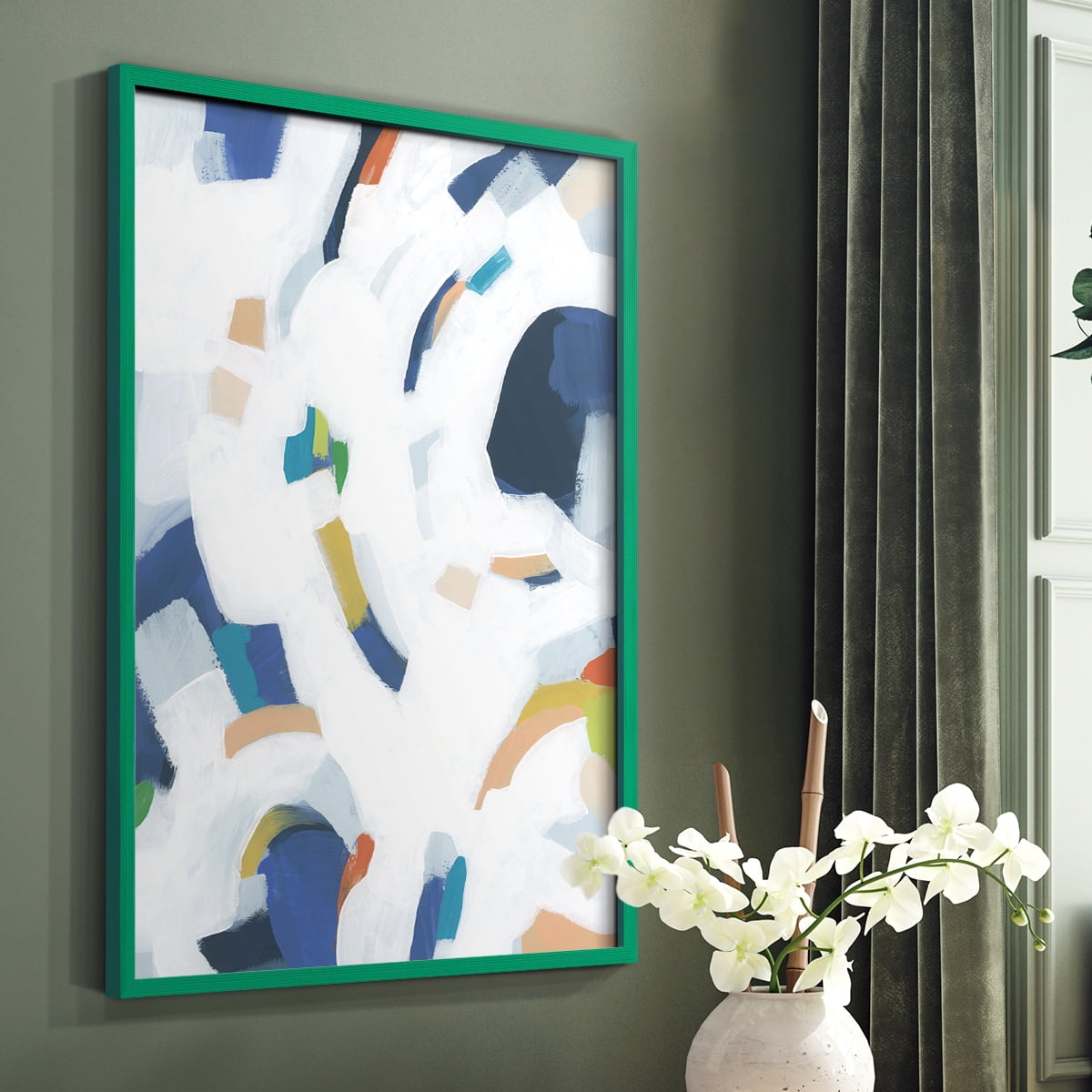 Bright Orbit II Framed Print in Green Solid Wood Framed Print No Nail Hanging