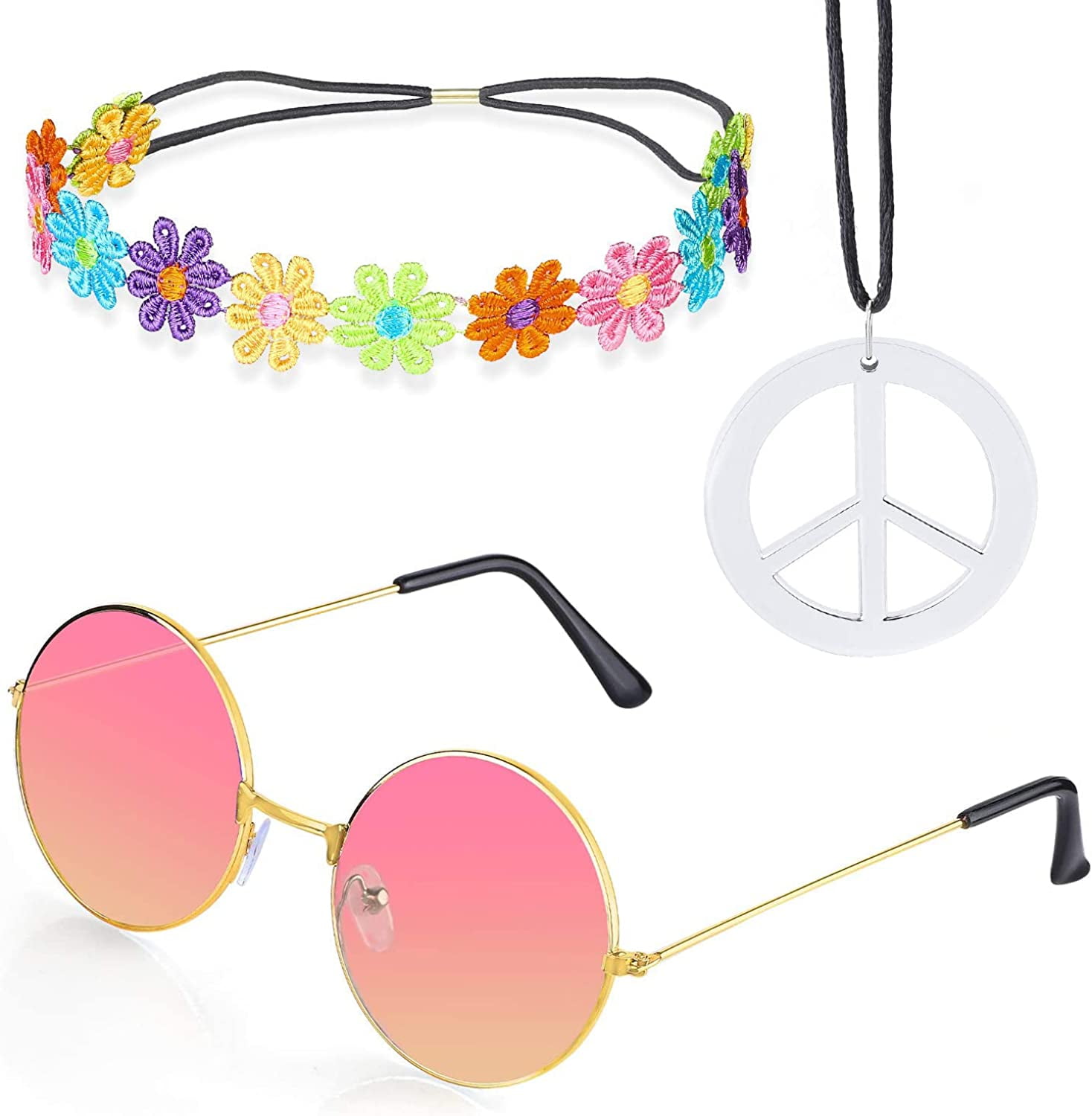 Hippy Fancy Dress Set Round 1960's Glasses 8 Designs Fun Peace necklace Hippie 