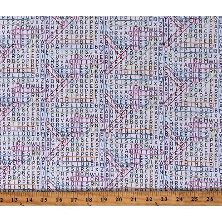 Cotton Sewing Words Word Search Crafting Seamstress Sew Happy Kim Schaefer White Cotton Fabric Print by the Yard (A-9869-L)