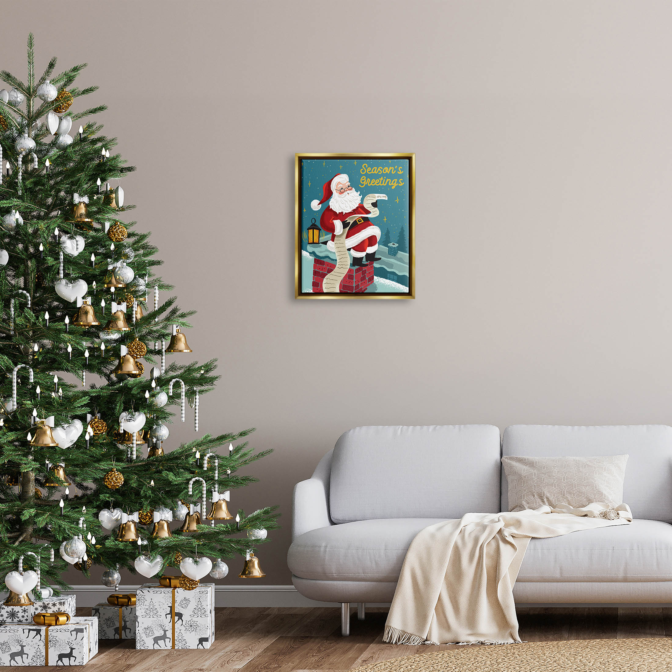 Season's Greetings Santa's List Chimney Holiday Graphic Art Metallic Gold Framed Art Print Wall Art