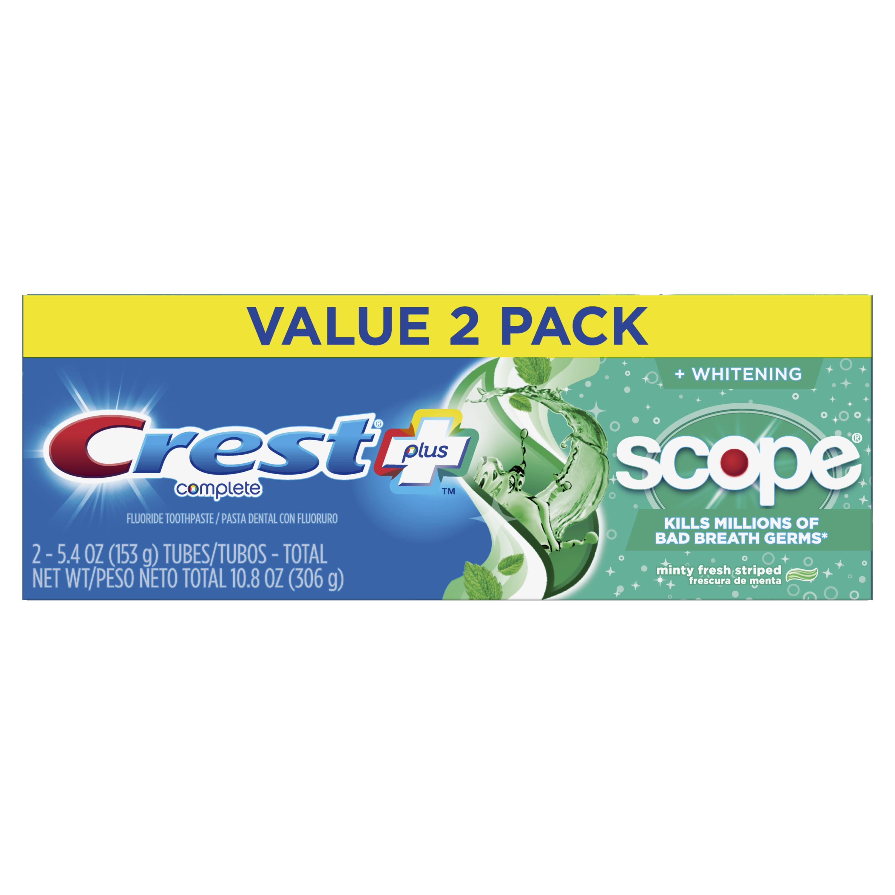 Crest Plus Scope Complete Whitening Toothpaste, Mint, 5.4 oz, 2 Pack
