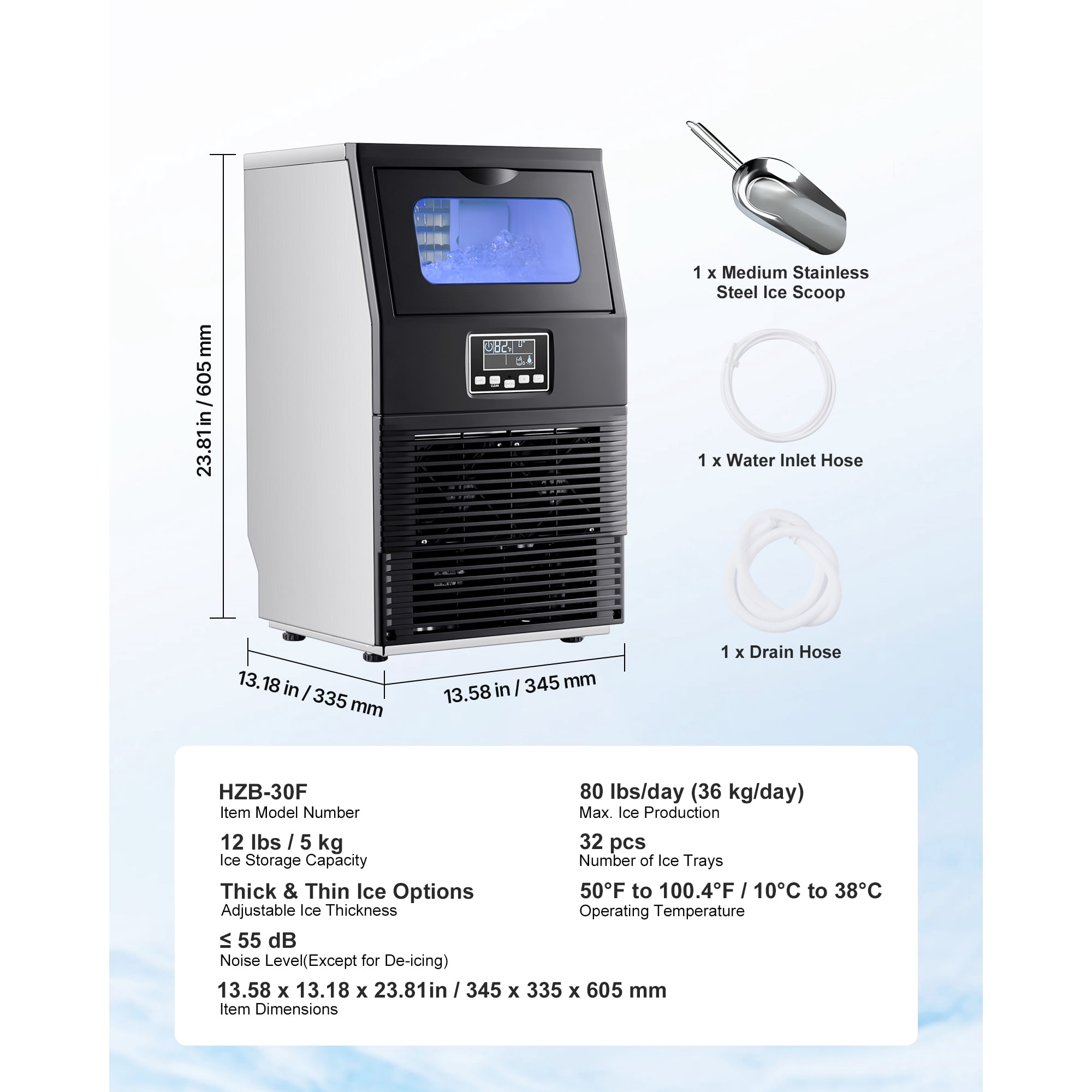 KFFKFF Commercial Ice Maker Machine, 80 lbs/24h with 12 lbs Storage, 32 Cubes per Cycle, Stainless Steel Freestanding & Countertop Ice Maker with LED Display and Self-Cleaning Function