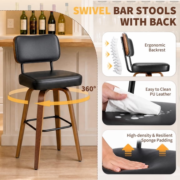 Cartman Set of 4 Swivel Counter Height Bar Stools with Backrest – 26'' Faux Leather Upholstered Seats – Bentwood Legs – Modern Bar Chairs for Kitchen Island or Home Bar