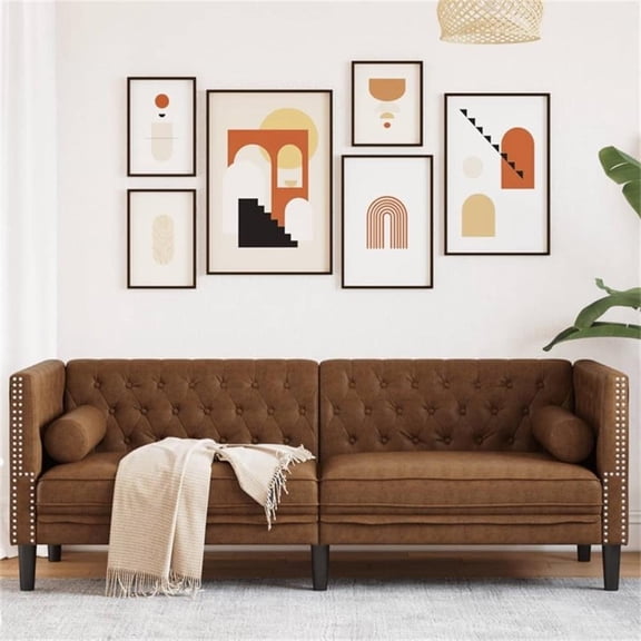 Bowery Hill Contemporary Polyester Chesterfield Sofa in Brown