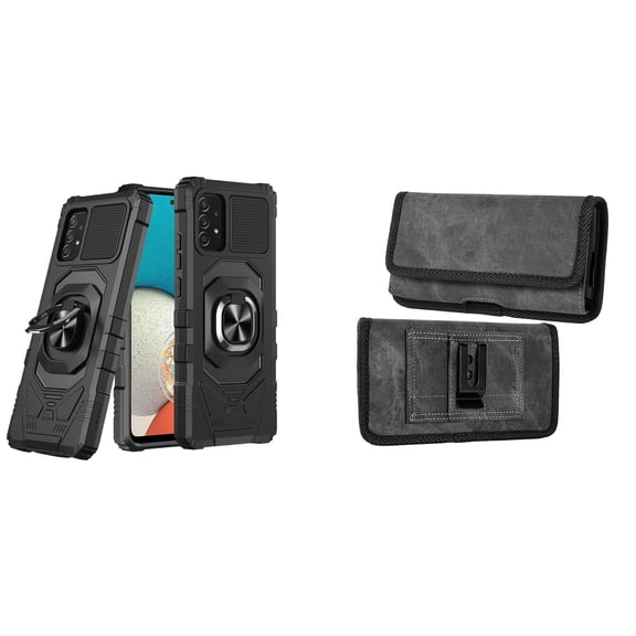 Case with Belt Holster Bundle for Samsung Galaxy A53 5G: Heavy Duty Shield Cover (Black) and Rugged Denim Nylon Phone Pouch (Grey)