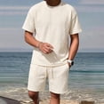 thumbnail image 2 of Men 2 Piece Textured Tracksuit Set, Diamond Jacquard Crew Neck Short Sleeve T-Shirt and Drawstring Elastic Waist Shorts Summer Casual Loungewear Size M-5XL Beige, 2 of 9