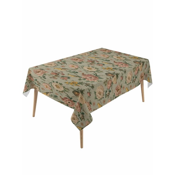 Vintage Spring Floral Table Cloth, Waterproof Tablecloth for Rectangle Tables, Farmhouse Flowers Green Vintage Reusable Washable Fabric Table Cover for Restaurant Kitchen Dining Tables 54"x108"