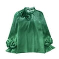 thumbnail image 2 of Green Womens Blouses Women's Spring Solid Color Round Neck Three Flower Bubble Sleeve Long Sleeved Chiffon Shirt Ladies Tops and Blouses, 2 of 4