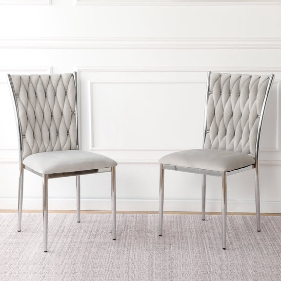 FFZ Set of 2 Light Gray Velvet Dining Chairs with Metal Legs, Modern Simple Design, Light Gray