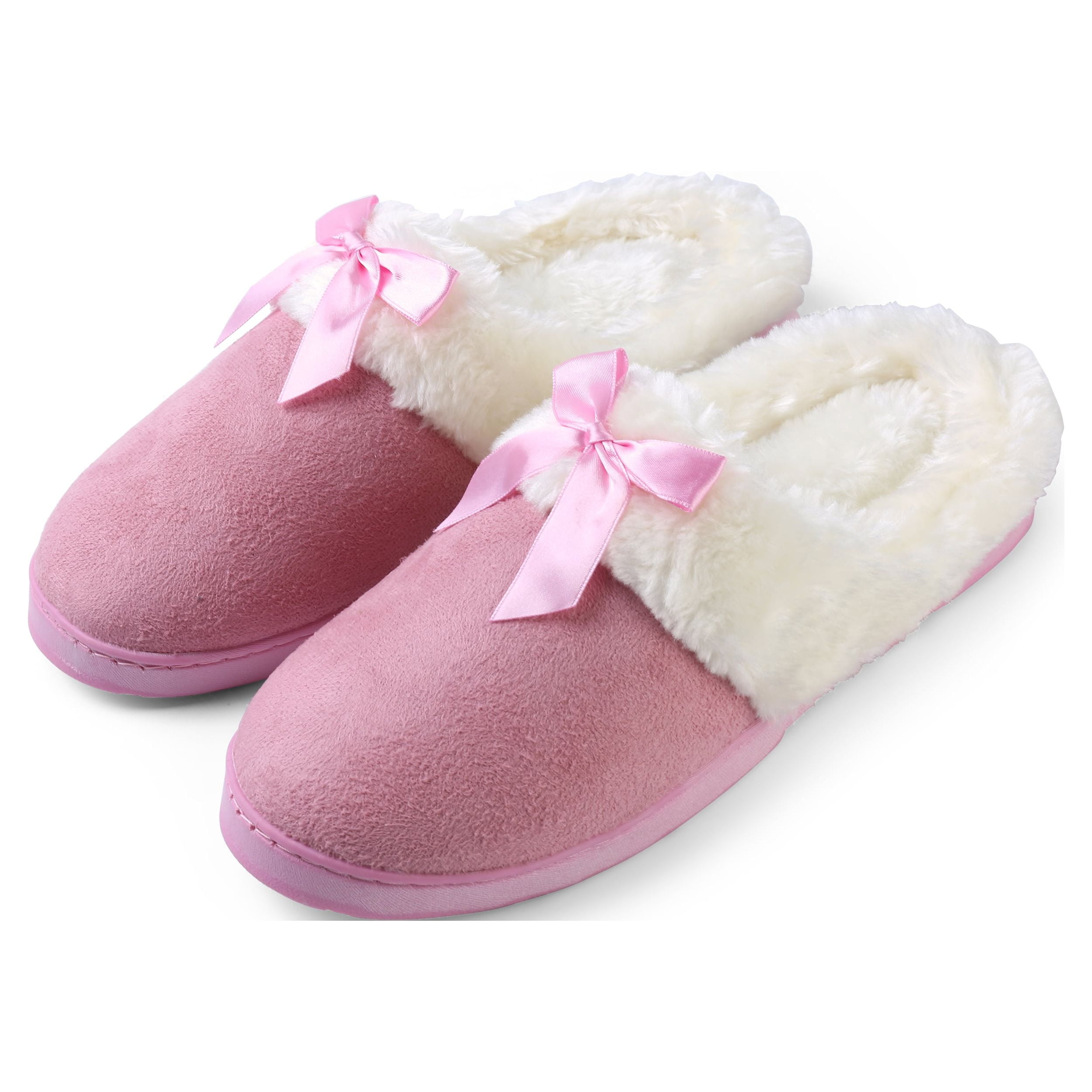 Women’s Soft & Cozy Memory Foam Plush Slippers with Ribbon Bow and Non-Slip Rubber Sole – Indoor Outdoor Spa House Shoes